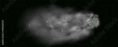 Mystery dark background with glowing particles, stardust, and glittering stars, creating a colorful, ethereal fog. Vector illustration with vibrant, multicolored steam and vapor.