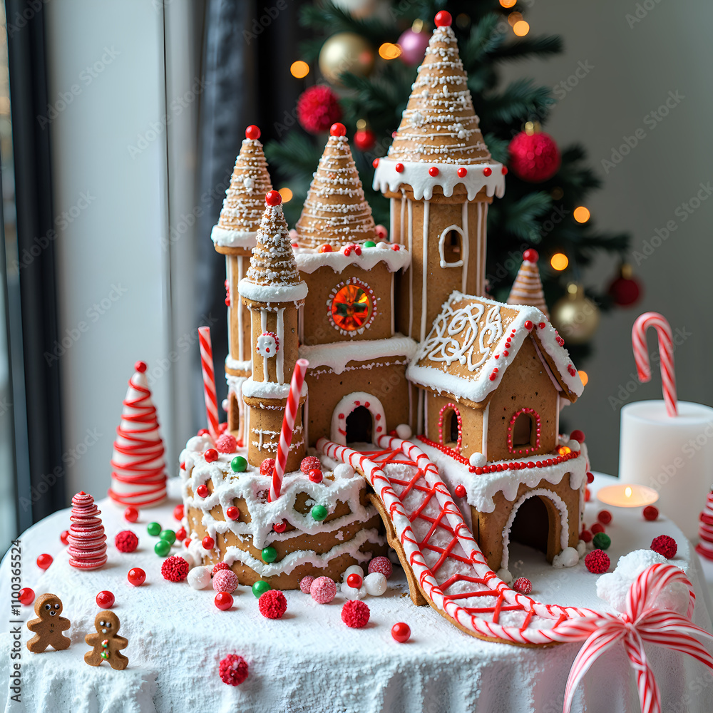 Obraz premium A magical gingerbread house surrounded by festive decorations and sweets, photography of food art concept.