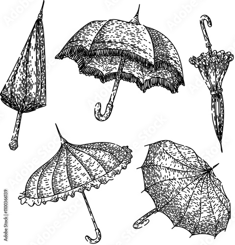 umbrella set hand drawn. classic antique, old fashioned, nostalgic heritage umbrella vector sketch. isolated black illustration