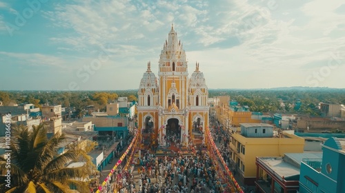 An aerial view of Velankanni during a festival, showcasing vibrant decorations, crowds, and the church in the center, photo