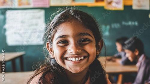 The hopeful smile of a student in a underfunded classroom, Expressing aspiration amidst educational challenges, photography style photo