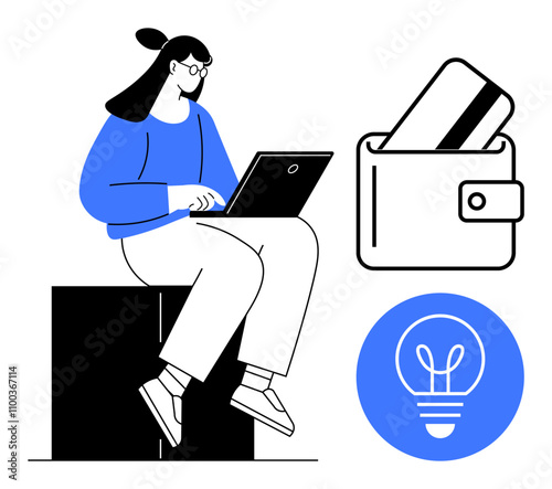Woman using laptop while sitting. Wallet with credit cards beside a lightbulb icon. Ideal for financial management, online payments, ecommerce, innovation, technology, creativity, business insights