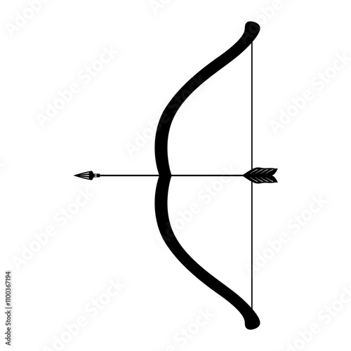 Bow and Arrow Silhouette Vector Illustration. This is a minimalist black silhouette illustration of a bow and arrow. The bow is curved, with the string pulled back, and an arrow is nocked.