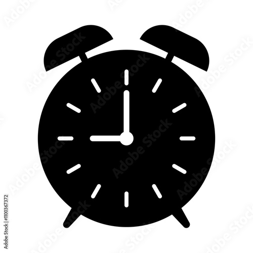 Classic Alarm Clock Silhouette Vector Illustration. This is a black silhouette of a classic alarm clock design. The clock face features hour and minute hands, simple hour markings.