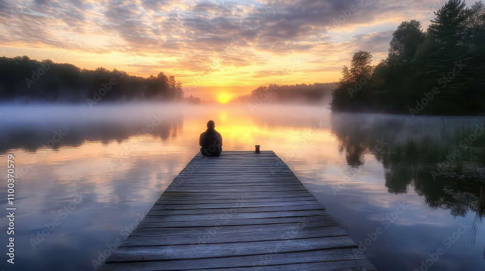 Naklejka premium A person sitting on a wooden dock, overlooking a misty lake during sunrise. The serene atmosphere is accentuated by the calm waters and the mist that surrounds the area.