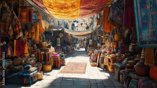 A vibrant marketplace from the past, filled with colorful textiles and bustling activity, capturing the essence of the era. photo