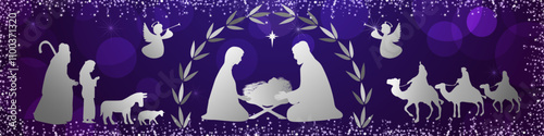 Happy Christmas decorative banner. Church service horizontal decoration with Nativity scene. Web button with Xmas image. Silhouette of Bible characters. Holiday backdrop with shiny frame. Gift design.