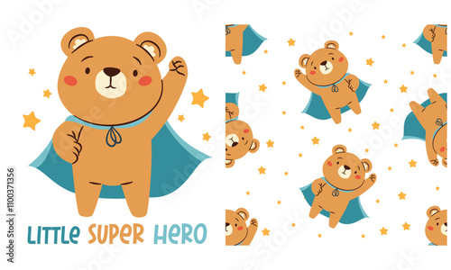 A set for printing on children's products. Cute vector print, Cute bear superhero and stars, lettering. Seamless vector pattern . Vector illustration