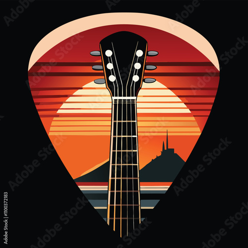 The black electric guitar with silver strings hangs isolated on the white wall, ready to rock