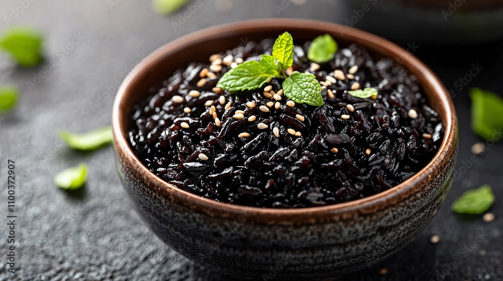 Cooked black rice served in a ceramic bowl, garnished with toasted sesame seeds and fresh mint leaves Cooked black rice served in a ceramic bowl, garnished with toasted sesame seeds and fresh mint leaves