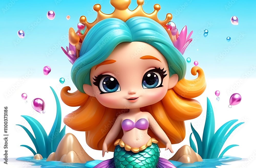 Naklejka premium cute Mermaid with crown vector-style 3d cartoon illustration isolated on white background 