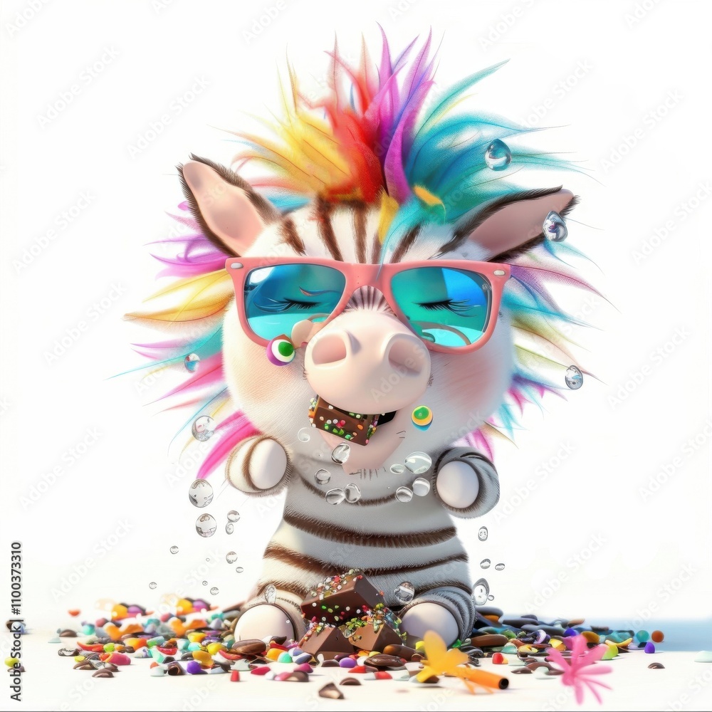 Naklejka premium A cheerful zebra enjoys colorful candy while sporting stylish sunglasses in a vibrant setting