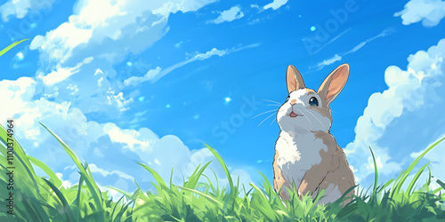 Cute gray rabbit on green meadow under blue sky. Spring sunny weather nature landscape. Cartoon illustration drawing