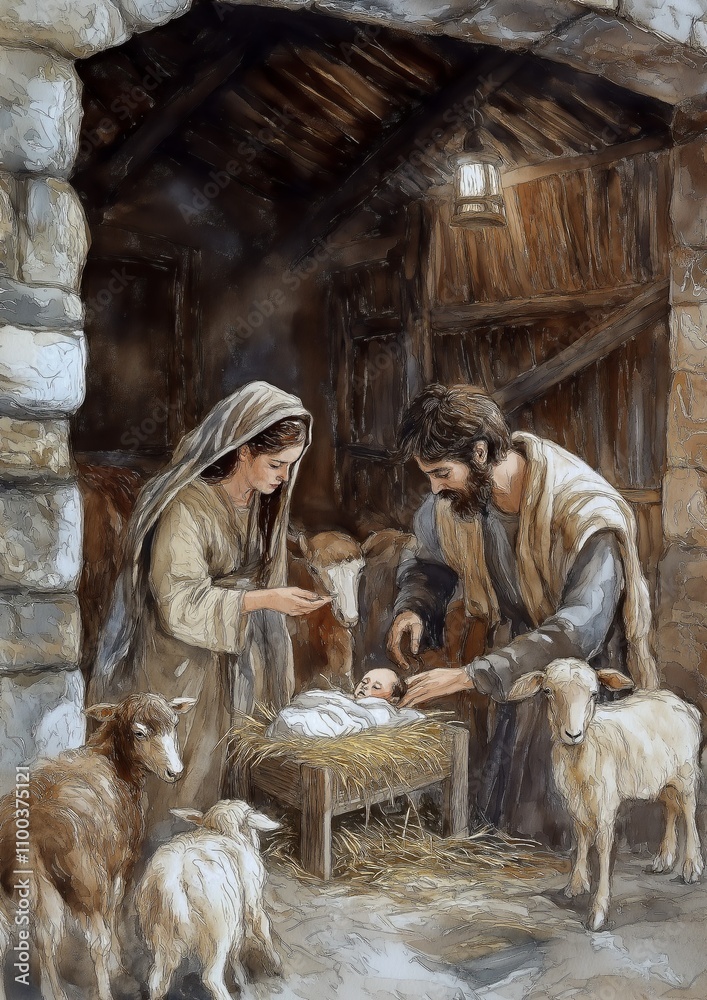 Fototapeta premium Holy family adoring newborn jesus in manger with lambs and oxen