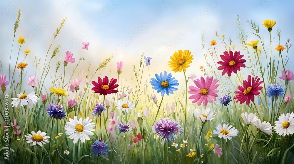 Obraz premium Vibrant Wildflower Field Stretching to the Horizon under Warm Sunlight