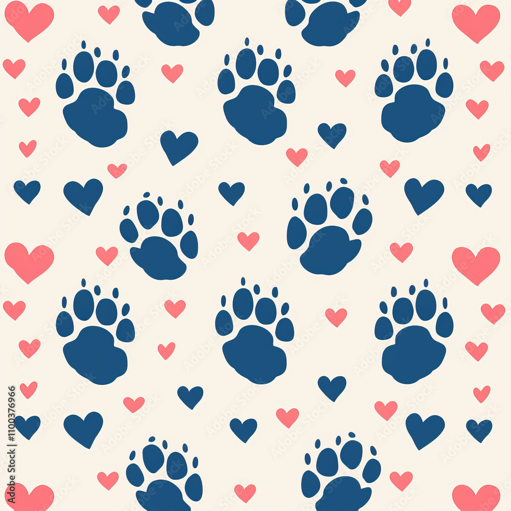 Fototapeta premium A pattern of paw prints and hearts on a white background. The paw prints are blue and the hearts are pink and red. The image has a playful and whimsical mood