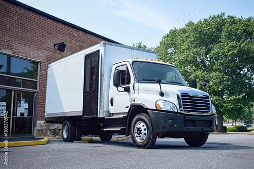 Delivery truck with the company logo parked in front of a business image photo