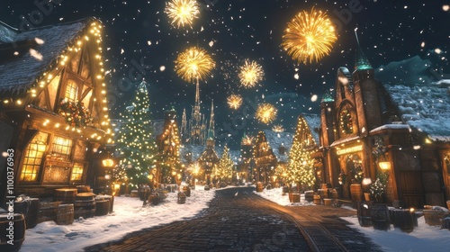 A festive winter village scene with fireworks, decorated trees, and snow-covered streets.