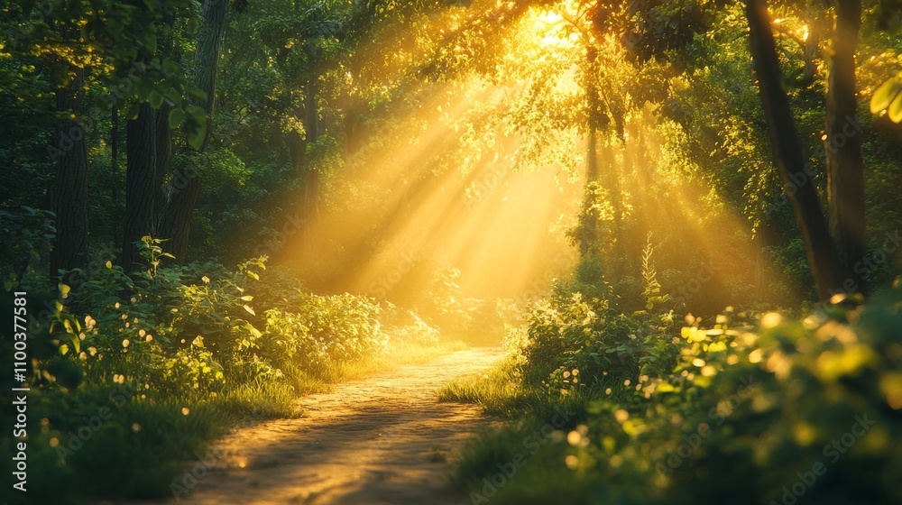 Obraz premium Sunlit Path Through A Lush Green Forest
