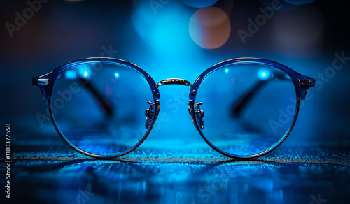 A pair of blue glasses with a black frame. The glasses are sitting on a table. The blue color of the glasses is very bright and stands out against the dark background