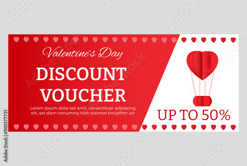 Isolated red Valentine's Day Discount voucher with paper hearts on background. Discount voucher template