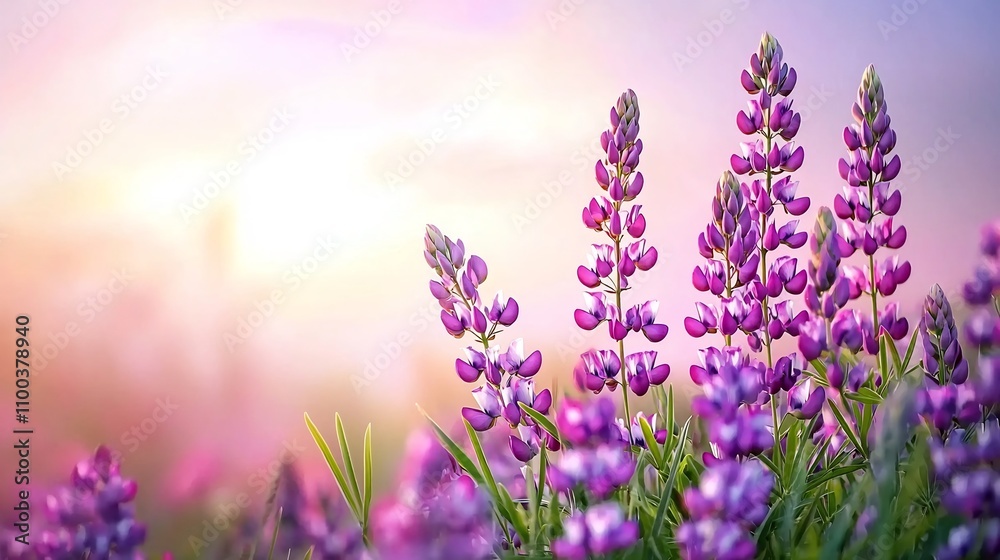 Fototapeta premium Dreamy Meadow of Purple Lupine Flowers Under Pastel Skies
