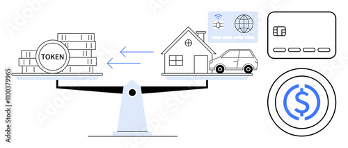 Scale balancing tokens with house and car, credit card, digital globe icon, blue dollar coin. Ideal for finance, cryptocurrency, real estate, digital transactions, online payments blockchain