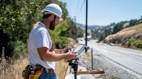 Geodetic engineer surveyor in white hard hat doing measurements with GNSS satellite receiver during road construction works.