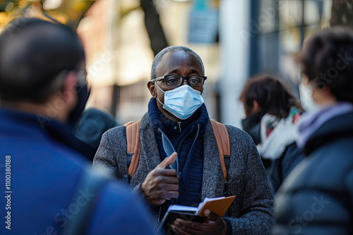 A politician speaks to the public with a set of masks photo