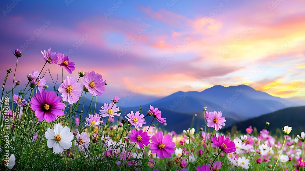 Fototapeta premium Dreamy Cosmos Flower Field Under Pastel Colored Twilight Skies