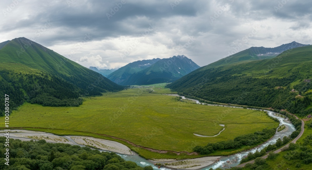 Fototapeta premium Serene Mountain Valley Landscape River, Meadows, and Verdant Slopes