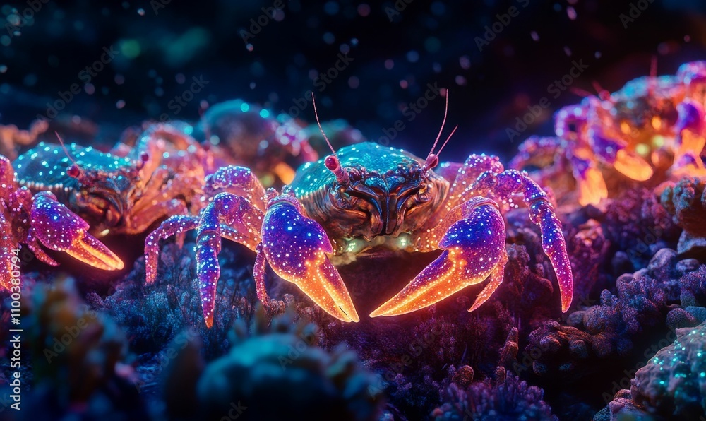 Fototapeta premium Glowing crabs on vibrant, underwater rocks.