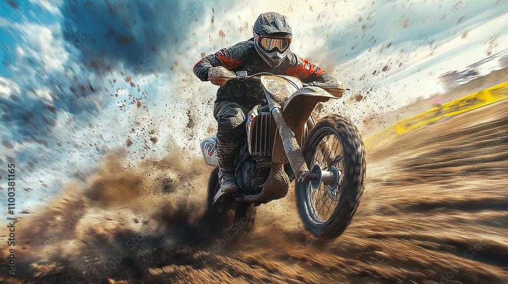 Obraz premium Motocross racer in action, riding through dirt and dust on a bright day. High-energy moment captured with flying debris and speed.
