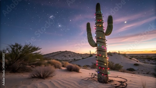 Christmas lights wrapped around a cactus in the desert, festive holiday spirit, New Year celebration, unique desert decor, Christmas in the desert, desert landscape, winter holidays, holiday lights photo