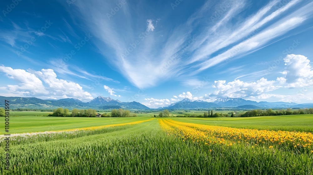 Fototapeta premium Stunning Flower Filled Countryside Landscape with Dramatic Sky