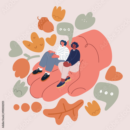 Cartoon vector illustration of two women sitting in a hand, symbolizing care and compassion