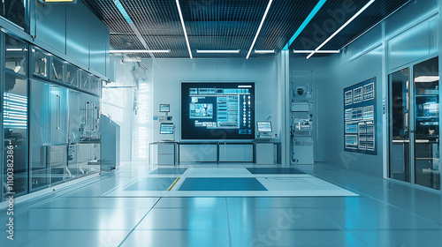 High-tech smart factory interior with advanced equipment and digital screens. Futuristic Industry 4.0 setup with clean and modern design. photo