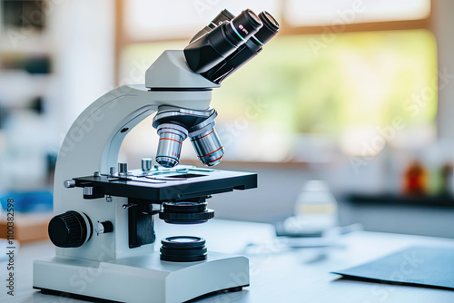 Close-up objective lens microscope in laboratory. Examining histological sample, a biopsy in the laboratory of cancer research. Medical pathology and cytology laboratory concept photo