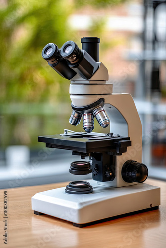 Close-up objective lens microscope in laboratory. Examining histological sample, a biopsy in the laboratory of cancer research. Medical pathology and cytology laboratory concept photo