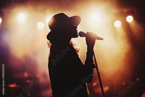 Silhouette of a singer in front of bright stage lights photo