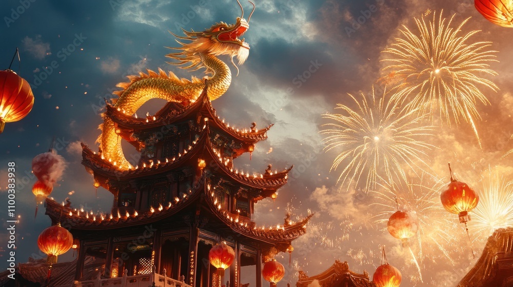 Obraz premium A vibrant celebration featuring a dragon atop a pagoda with fireworks and lanterns in the sky.