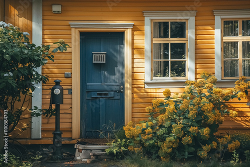 a cute yellow house with the a cozy autumn background