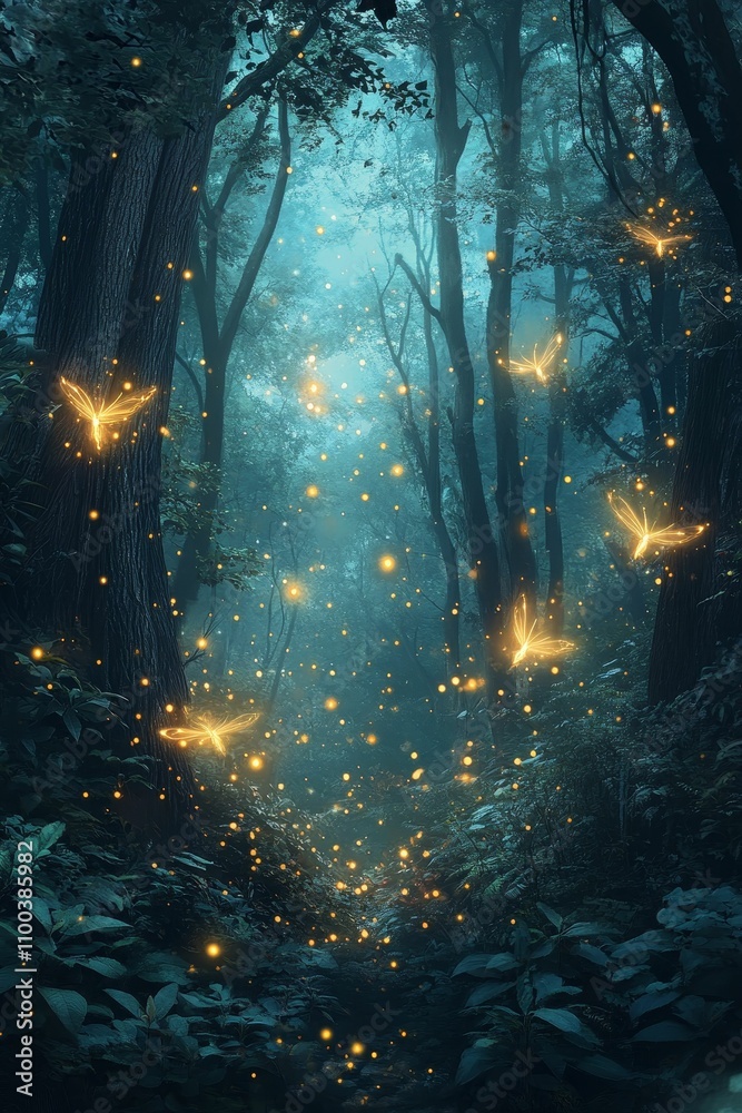 Obraz premium Enchanted forest path, glowing fireflies.