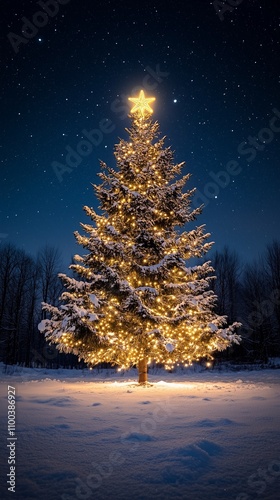beautiful christmas tree with lights and big gold star on top isolated against night sky with stars