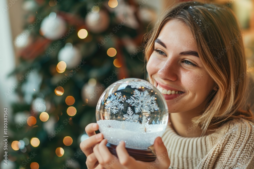 Naklejka premium Woman holding snow globe near Christmas tree closeup