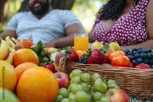 Plus-size couple at a picnic with an assortment of fresh fruits photo