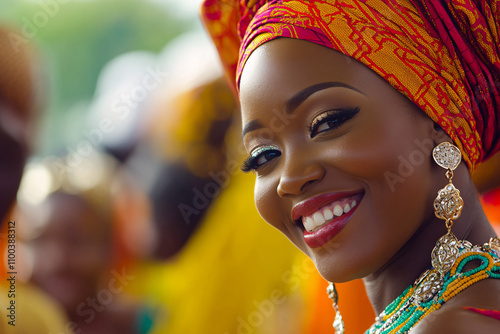 A joyful Nigerian woman smiles brightly, adorned in vibrant traditional attire with intricate jewelry, capturing the essence of celebration and cultural pride photo