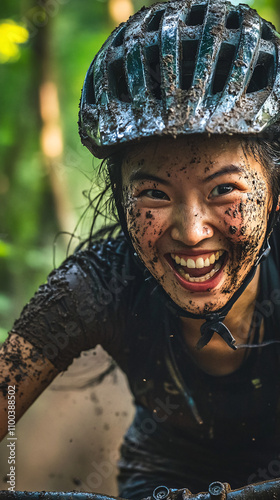 An Asian female cyclist smiles widely, covered in mud after an adventurous mountain bike ride through a forest, showcasing joy and excitement in the outdoors photo