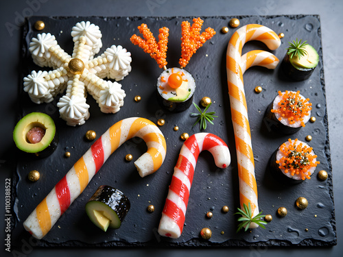 Whimsical holiday inspired sushi arrangement with colorful candy canes and toppings, food photography of culinary display concept. photo