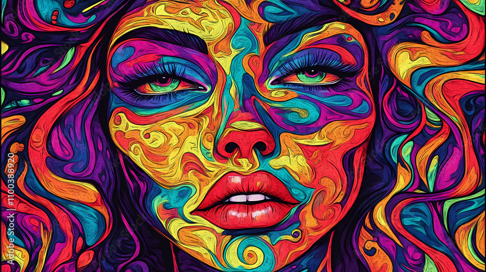 Fototapeta Abstract psychedelic portrait with vibrant colors and swirling patterns. Psychedelic. Illustration
